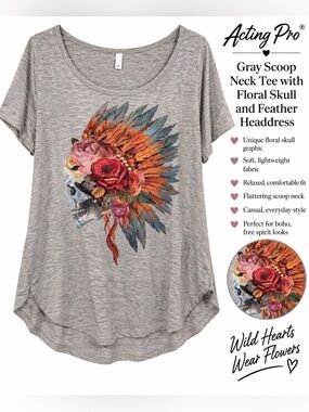 Acting Pro Gray Scoop Neck Tee with Floral Skull and Feather Headdress